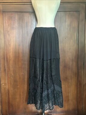 Y2K Indian Black Lace Panel Maxi Skirt M